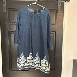 ECI Denim Blue Dress with White Floral Embroidery